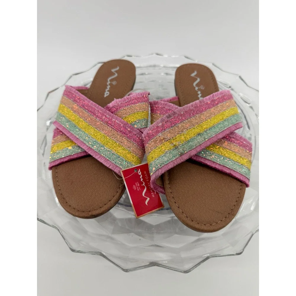 Nina Kids Rainbow Glitter Fringe Slide Sandals Pink Multi K200265 Size 4M NEW